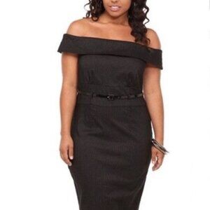 616-30 Torrid Black white Pinstripe Off-Shoulder A-Line Dress – Size 24